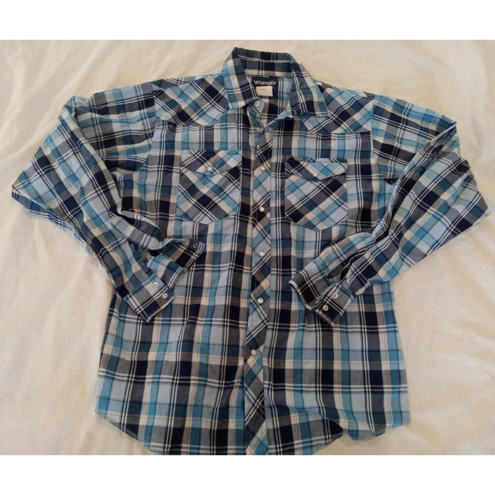 Wrangler Women's Size XXL  Pearl Snap Shirt Long Sleeve Blue Teal Plaid Western